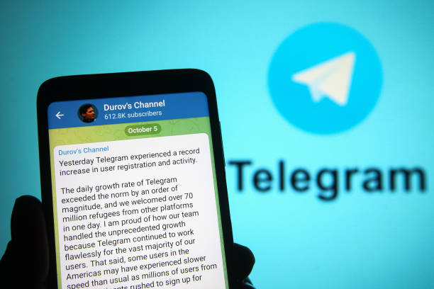 In this photo illustration a message of Telegram founder Pavel Durov is seen on a smartphone screen with a Telegram logo in the background. Users complained about the problems with WhatsApp, Instagram, and Facebook on October 05, 2021. Telegram founder Pavel Durov says Telegram gained 70 million new users on a day of Facebook and WhatsApp outage, reportedly by media. (Photo Illustration by Pavlo Gonchar/SOPA Images/LightRocket via Getty Images)